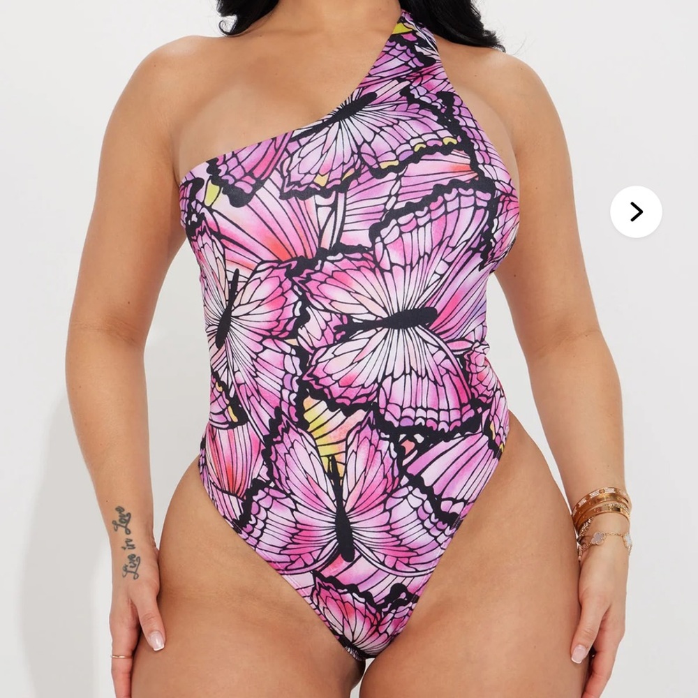 Fashion Nova Pink and Black Asymmetrical Butterfly Bodysuit